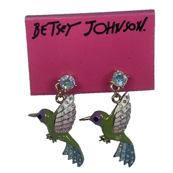 Betsey Johnson Hummingbird Dangle Earrings 2" Crystal Green Spring Ahead - Picture 2 of 11